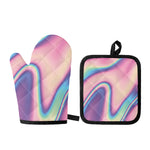 Pink And Teal Holographic Print Oven Mitt And Pot Holder Set