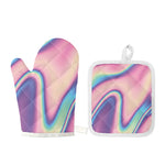 Pink And Teal Holographic Print Oven Mitt And Pot Holder Set