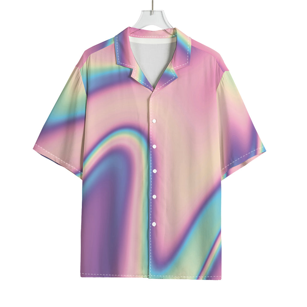 Pink And Teal Holographic Print Rayon Hawaiian Shirt