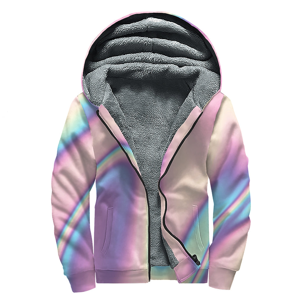 Pink And Teal Holographic Print Sherpa Lined Zip Up Hoodie