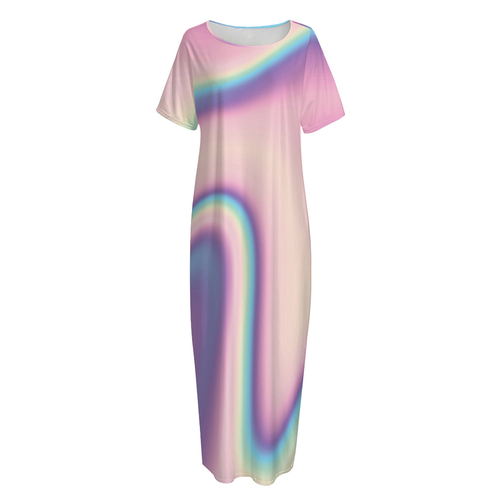 Pink And Teal Holographic Print Short Sleeve Long Nightdress