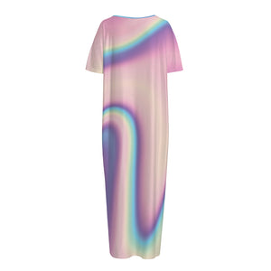 Pink And Teal Holographic Print Short Sleeve Long Nightdress