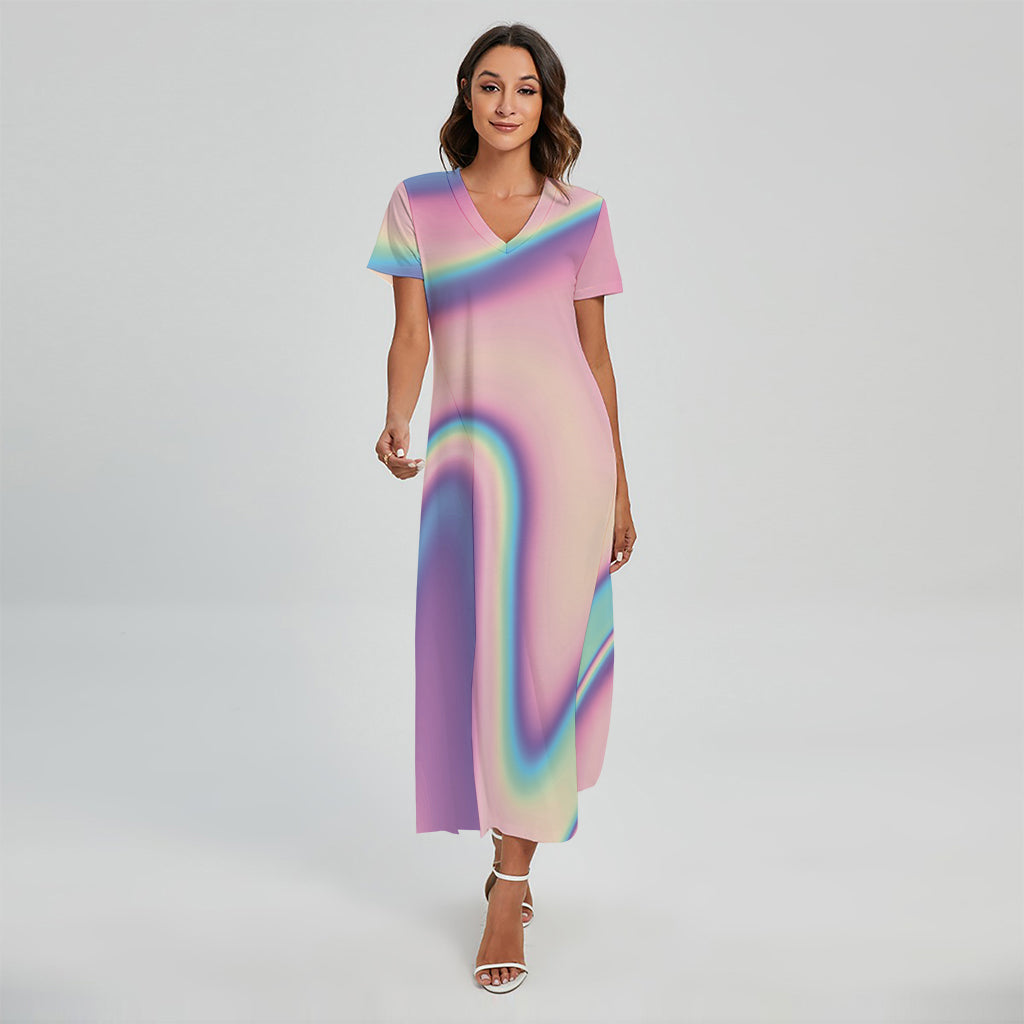 Pink and Teal Holographic Print Short Sleeve Maxi Dress