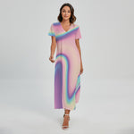 Pink And Teal Holographic Print Short Sleeve Maxi Dress