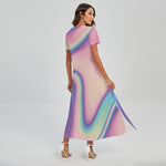 Pink And Teal Holographic Print Short Sleeve Maxi Dress