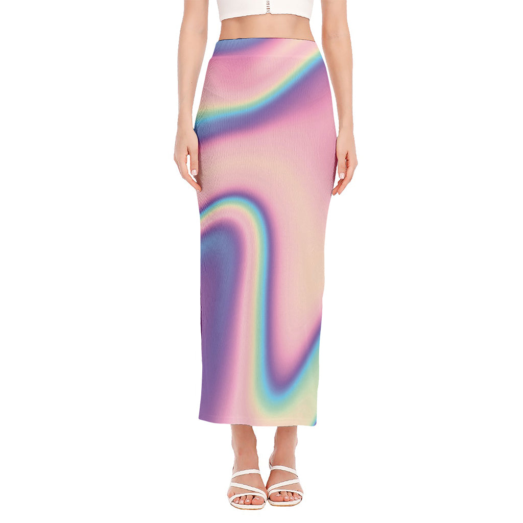 Pink And Teal Holographic Print Side Slit Maxi Skirt