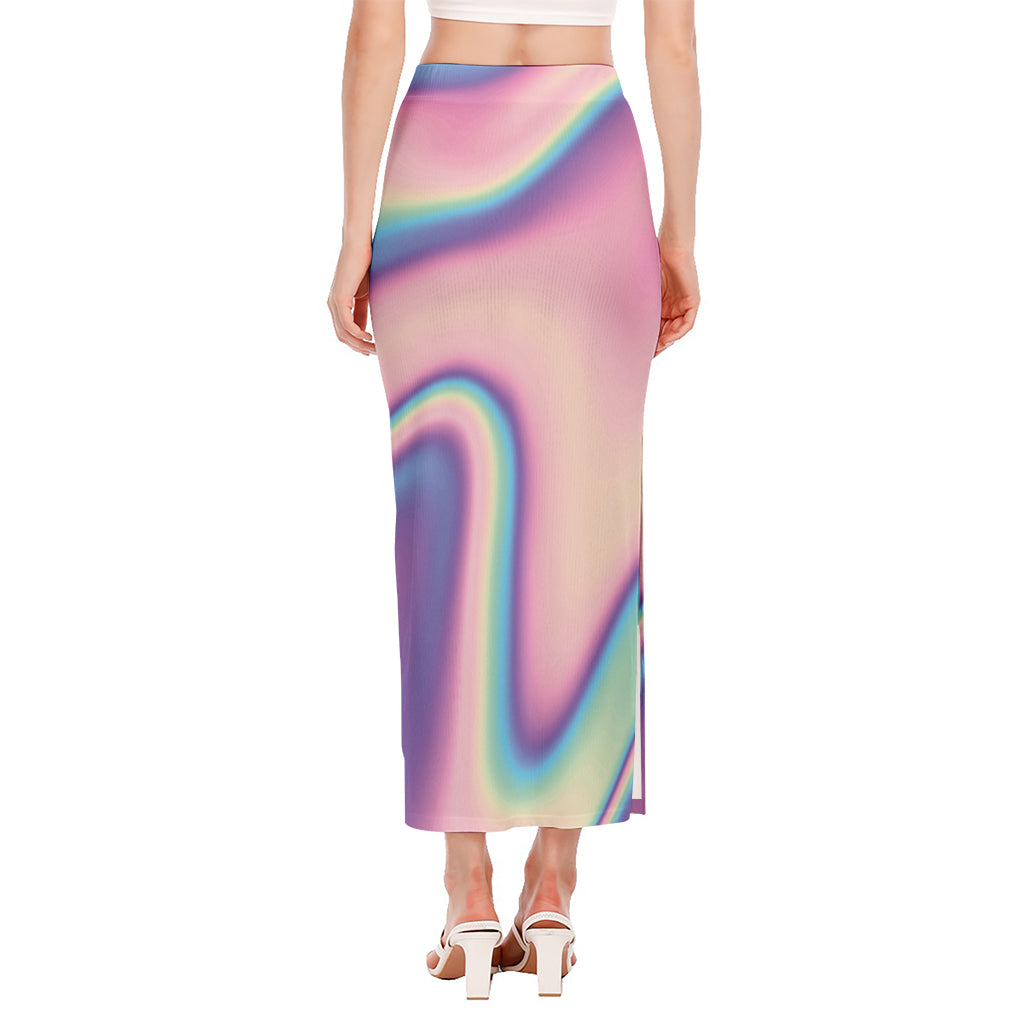 Pink And Teal Holographic Print Side Slit Maxi Skirt