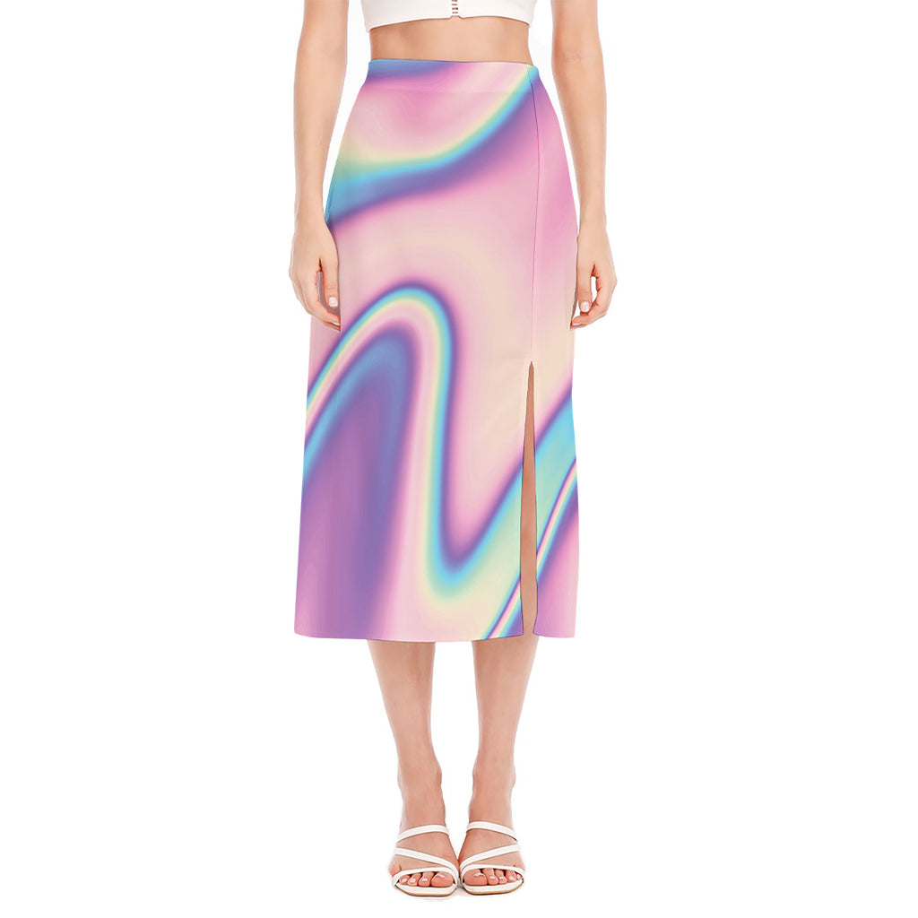 Pink And Teal Holographic Print Side Slit Midi Skirt