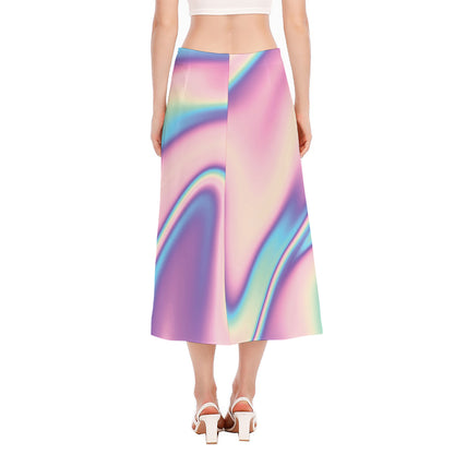 Pink And Teal Holographic Print Side Slit Midi Skirt