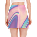 Pink And Teal Holographic Print Side Slit Mini Skirt