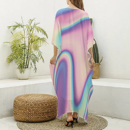 Pink And Teal Holographic Print Silk V-Neck Kaftan Dress
