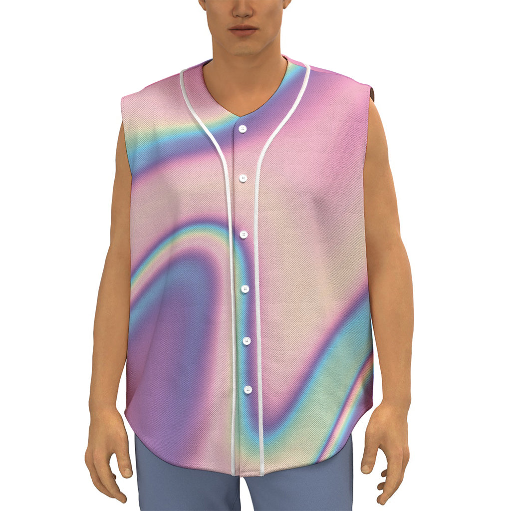 Pink And Teal Holographic Print Sleeveless Baseball Jersey