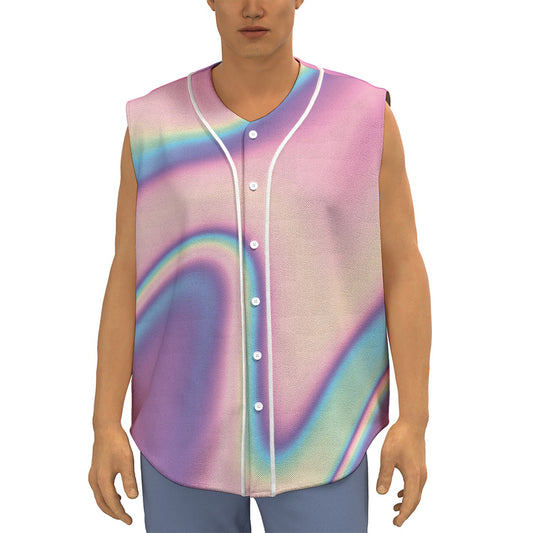 Pink And Teal Holographic Print Sleeveless Baseball Jersey