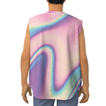 Pink And Teal Holographic Print Sleeveless Baseball Jersey