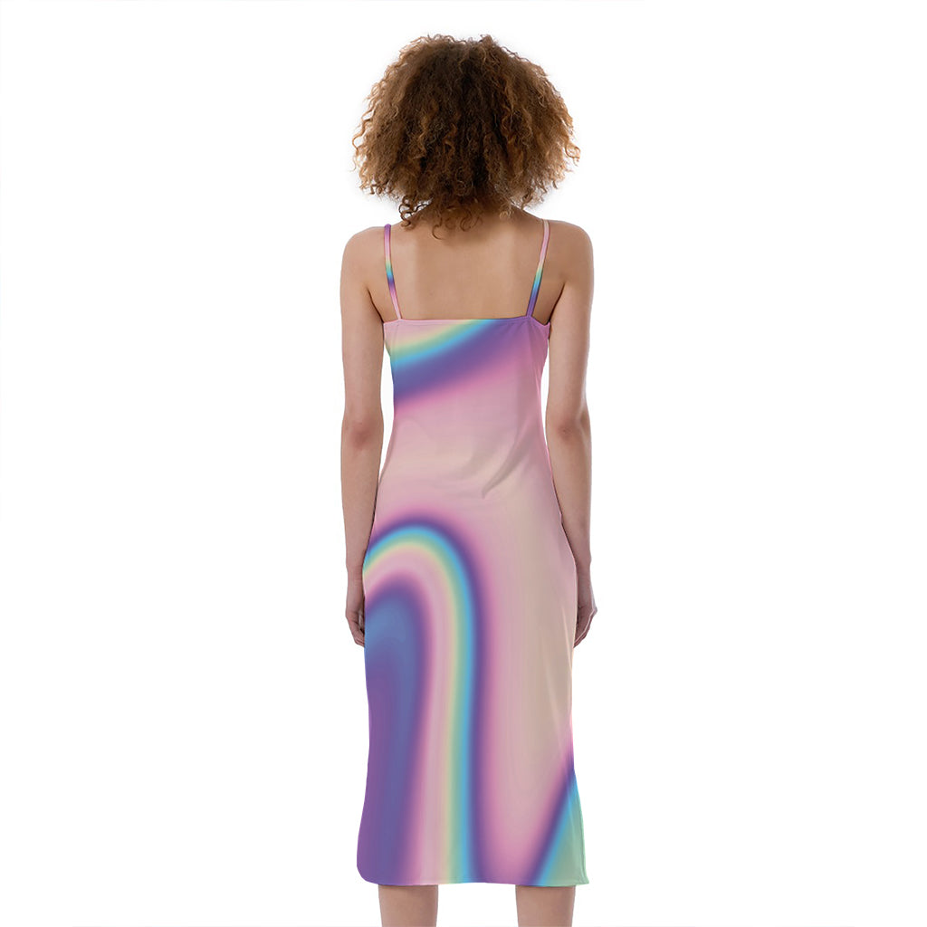 Pink And Teal Holographic Print Slim Fit Midi Cami Dress