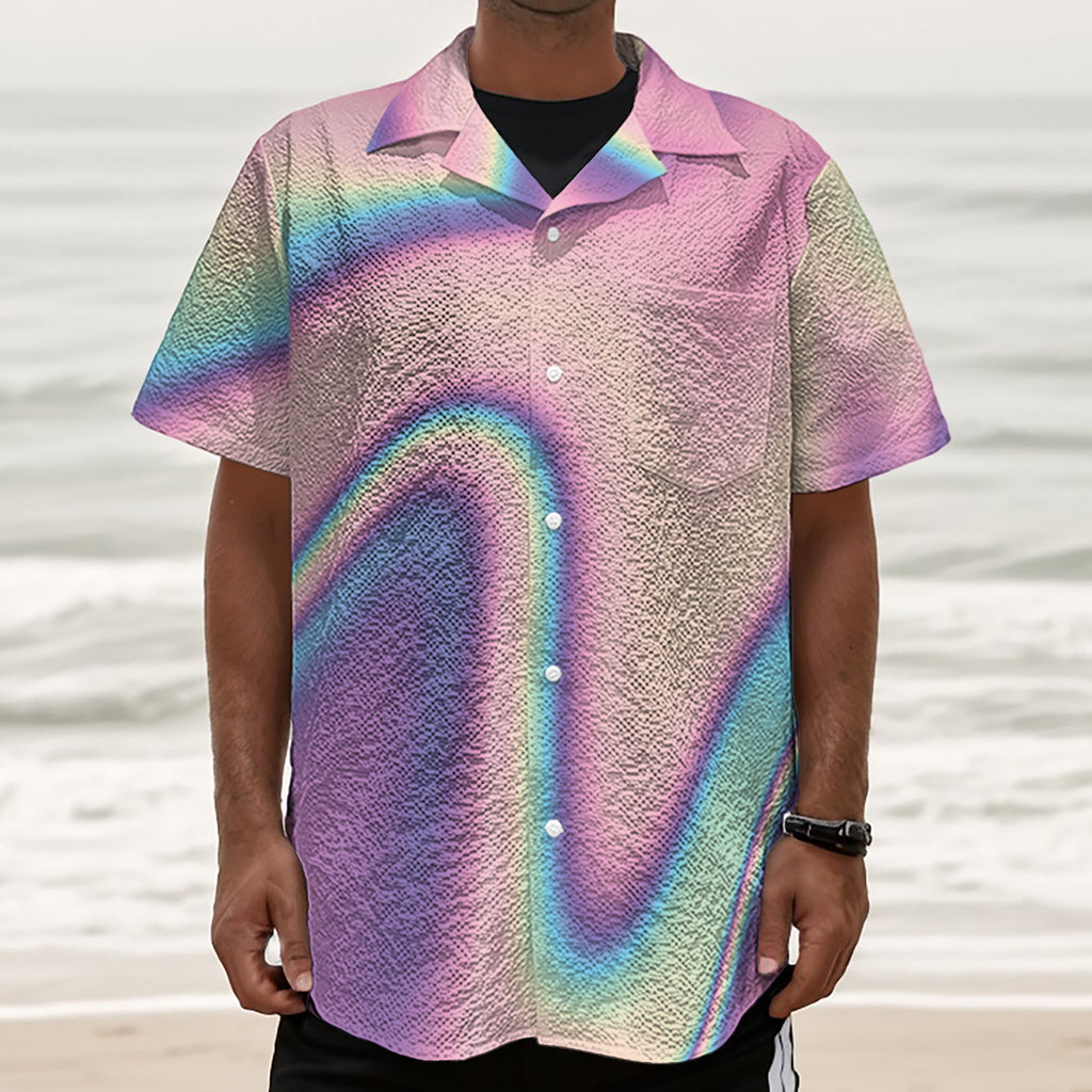Pink And Teal Holographic Print Textured Short Sleeve Shirt