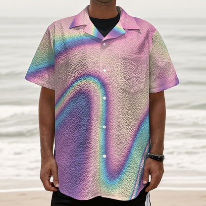 Pink And Teal Holographic Print Textured Short Sleeve Shirt