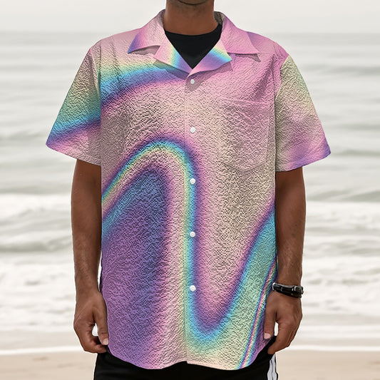Pink And Teal Holographic Print Textured Short Sleeve Shirt