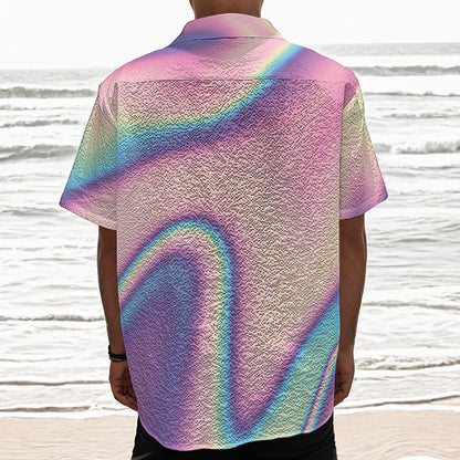 Pink And Teal Holographic Print Textured Short Sleeve Shirt