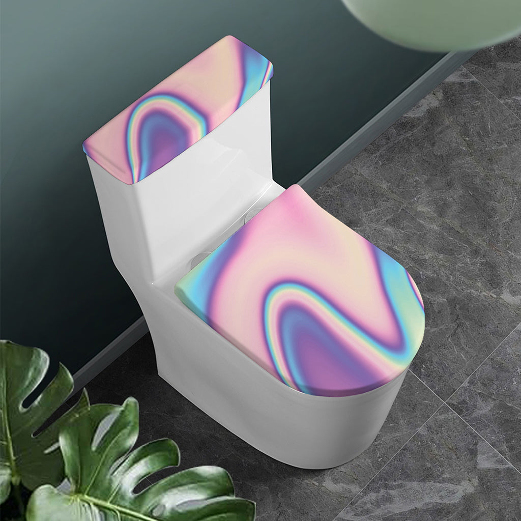 Pink And Teal Holographic Print Toilet Lid And Tank Cover Set