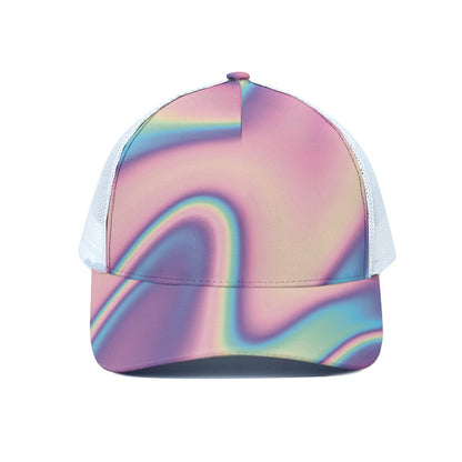 Pink And Teal Holographic Print White Mesh Trucker Cap