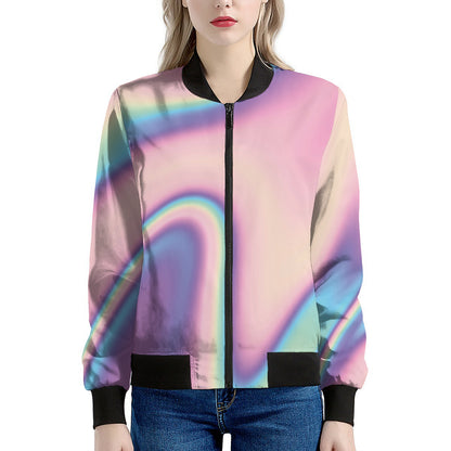 Pink And Teal Holographic Print Women's Bomber Jacket