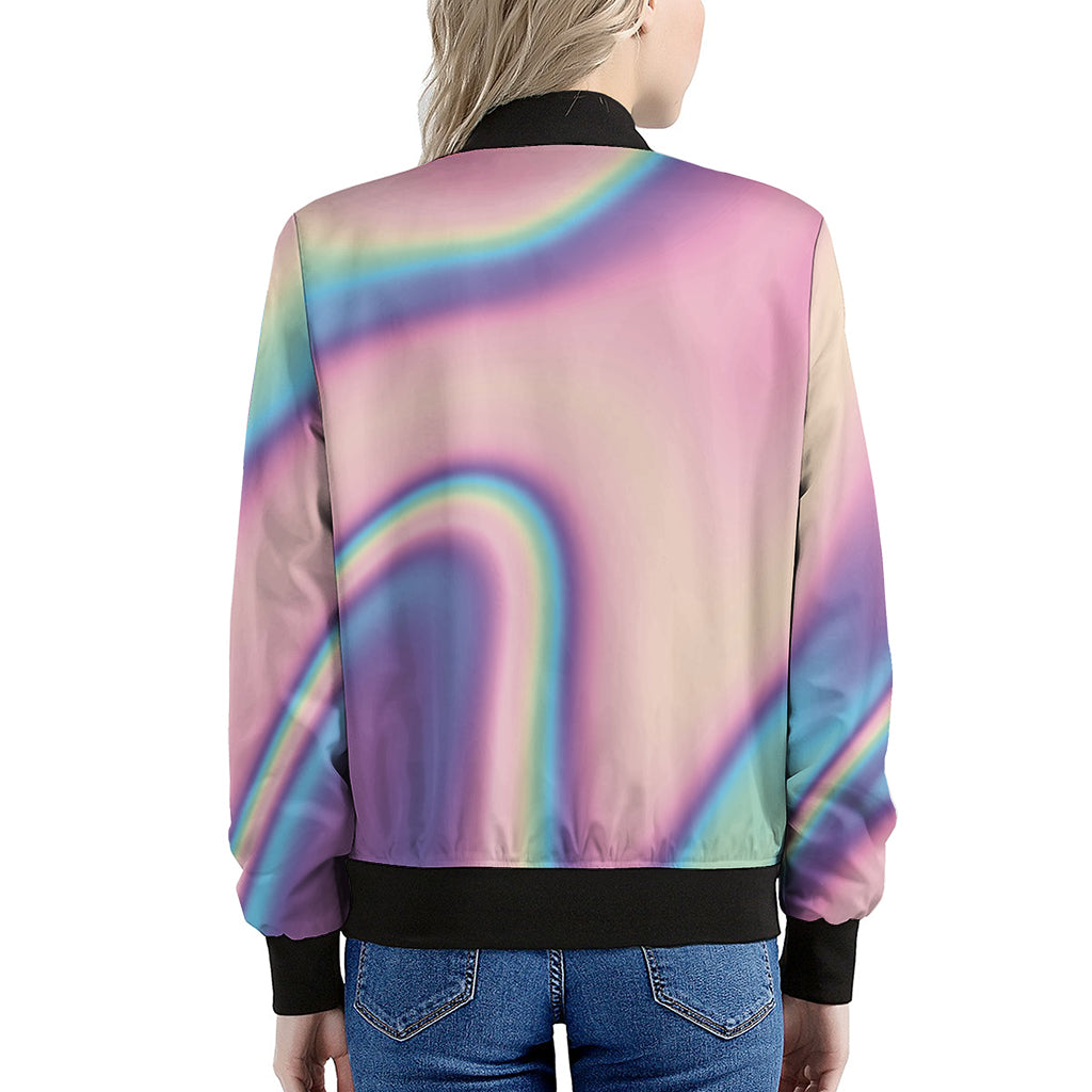 Pink And Teal Holographic Print Women's Bomber Jacket