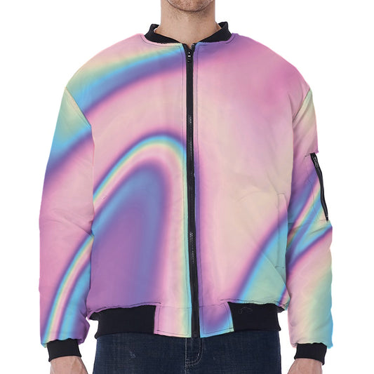 Pink And Teal Holographic Print Zip Sleeve Bomber Jacket