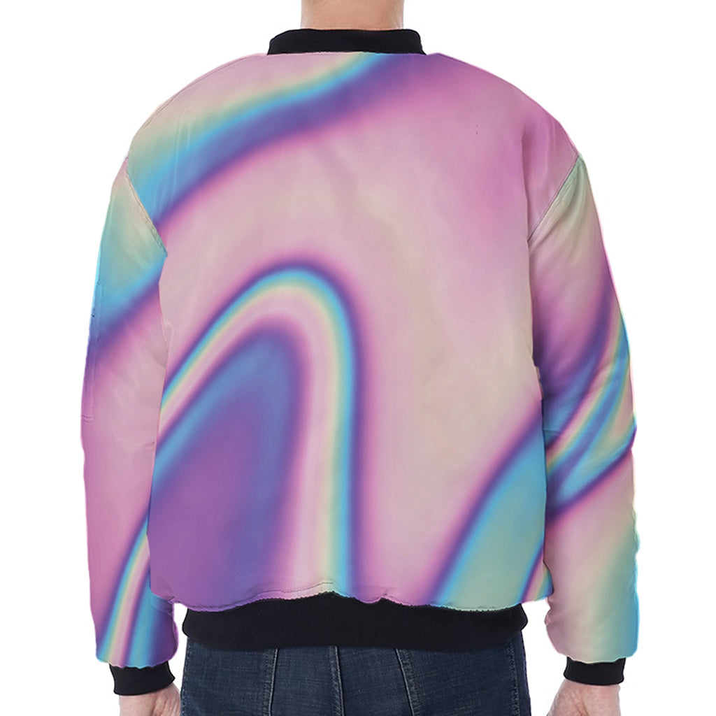 Pink And Teal Holographic Print Zip Sleeve Bomber Jacket