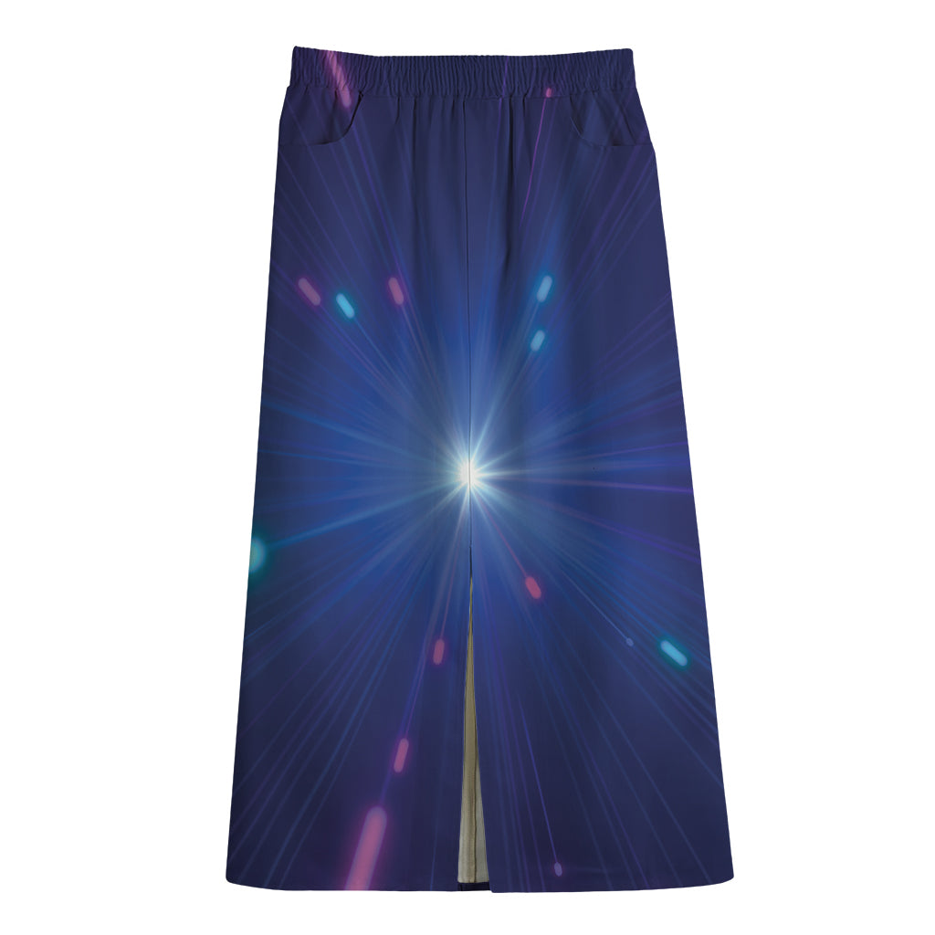 Pink And Teal Lights Speed Print Cotton Front Slit Maxi Skirt