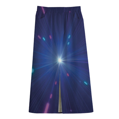 Pink And Teal Lights Speed Print Cotton Front Slit Maxi Skirt