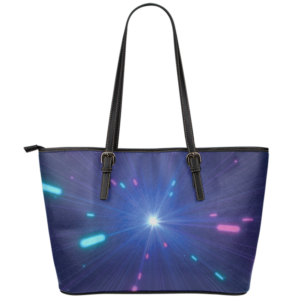 Pink And Teal Lights Speed Print Leather Tote Bag