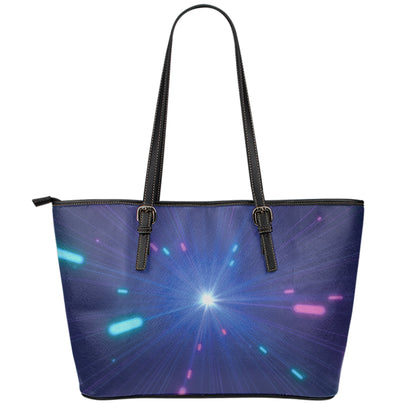 Pink And Teal Lights Speed Print Leather Tote Bag