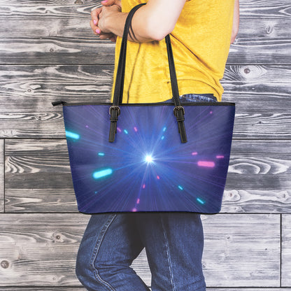 Pink And Teal Lights Speed Print Leather Tote Bag
