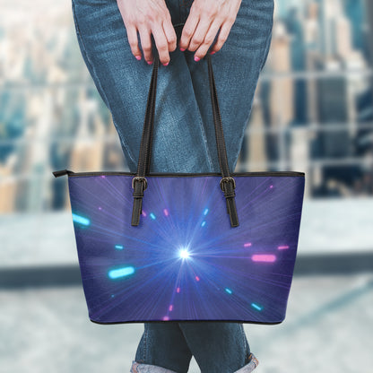 Pink And Teal Lights Speed Print Leather Tote Bag