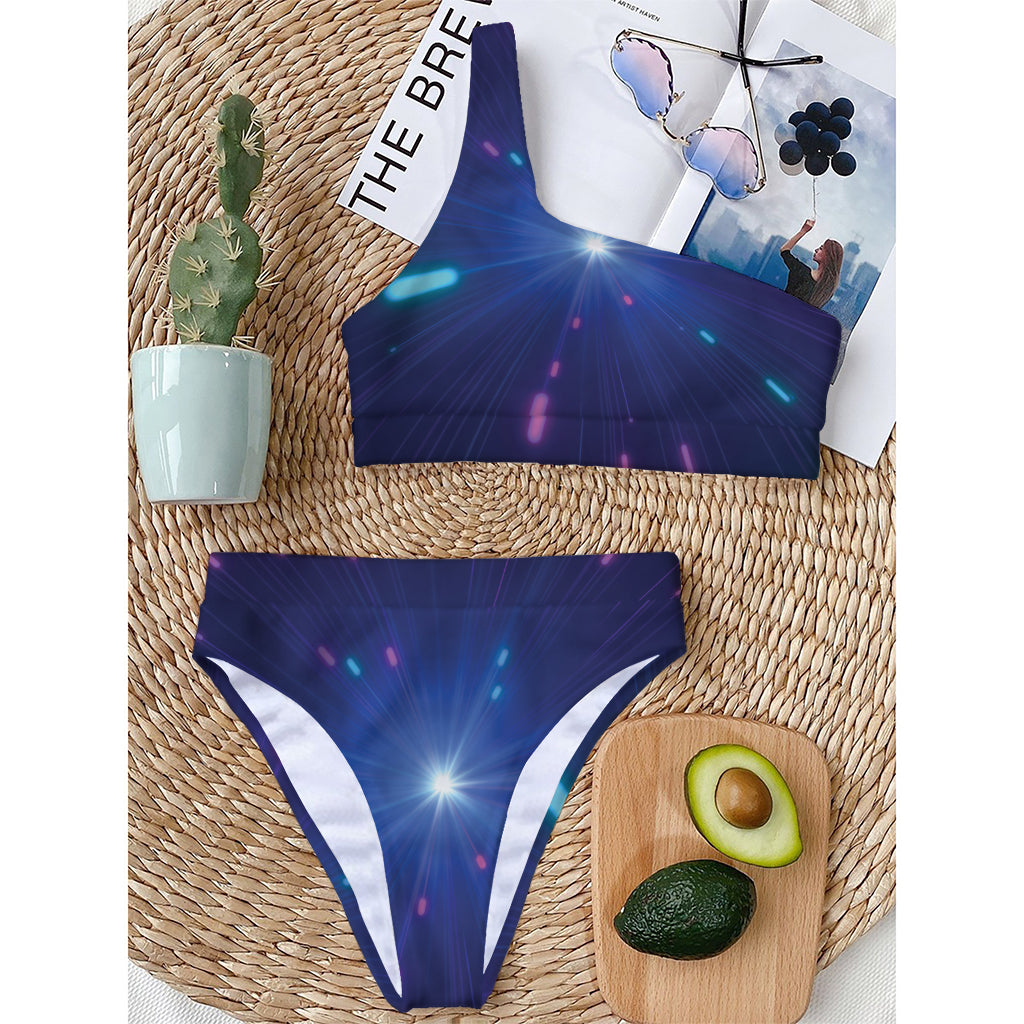 Pink And Teal Lights Speed Print One Shoulder Bikini Top