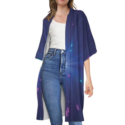 Pink And Teal Lights Speed Print Open Front Beach Cover Up