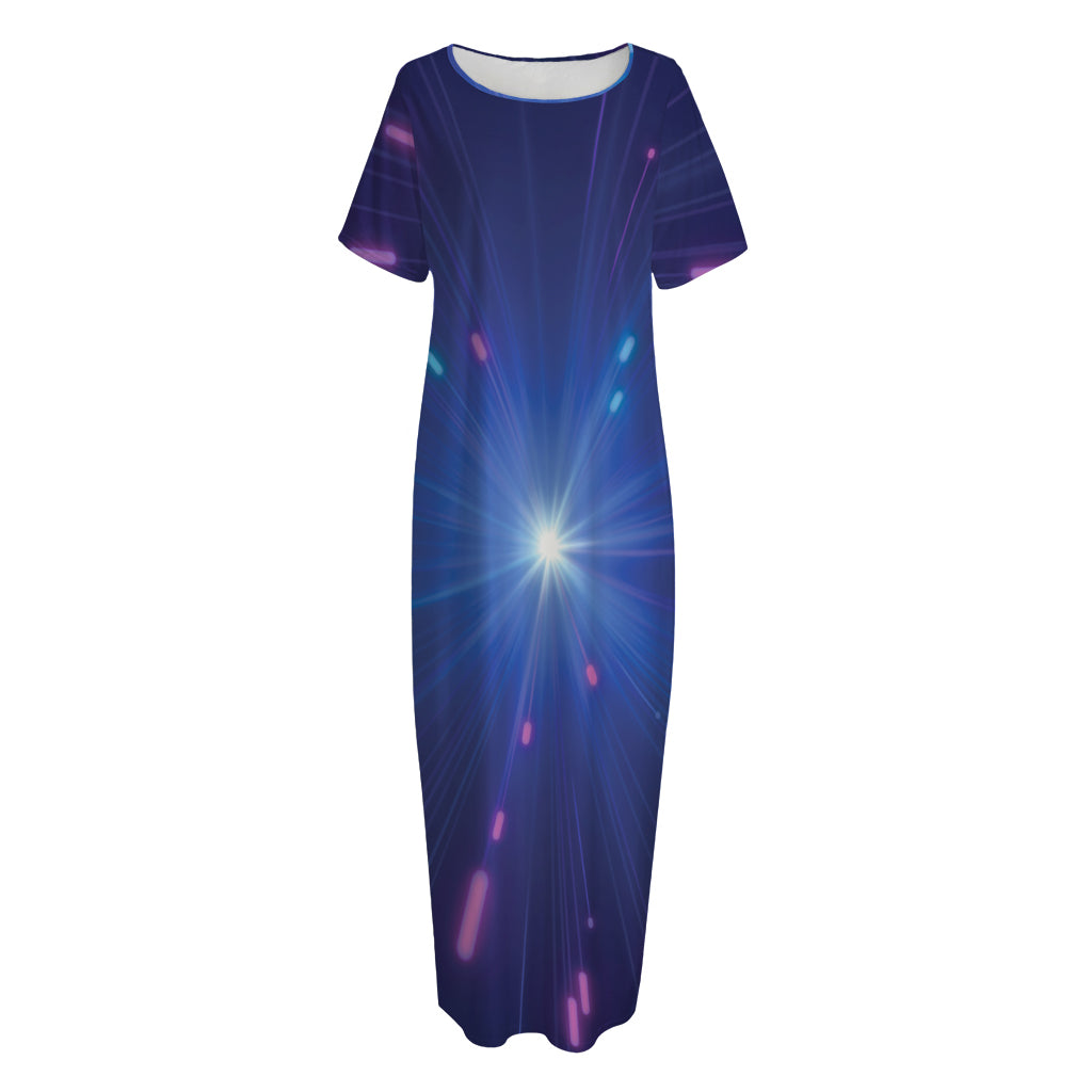 Pink And Teal Lights Speed Print Short Sleeve Long Nightdress