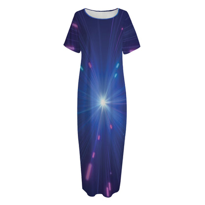 Pink And Teal Lights Speed Print Short Sleeve Long Nightdress