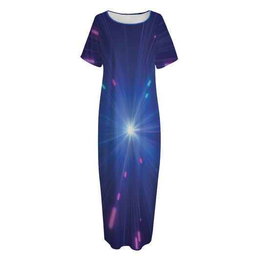 Pink And Teal Lights Speed Print Short Sleeve Long Nightdress