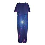 Pink And Teal Lights Speed Print Short Sleeve Long Nightdress