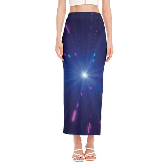 Pink And Teal Lights Speed Print Side Slit Maxi Skirt