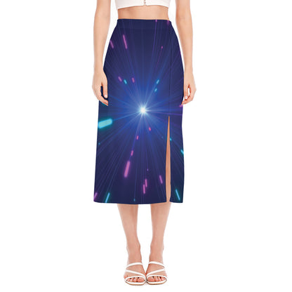 Pink And Teal Lights Speed Print Side Slit Midi Skirt