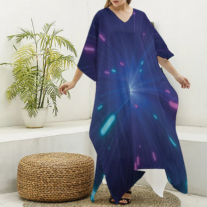 Pink And Teal Lights Speed Print Silk V-Neck Kaftan Dress