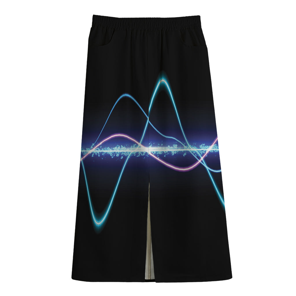 Pink And Teal Sound Wave Print Cotton Front Slit Maxi Skirt