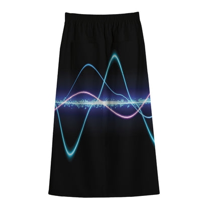 Pink And Teal Sound Wave Print Cotton Front Slit Maxi Skirt