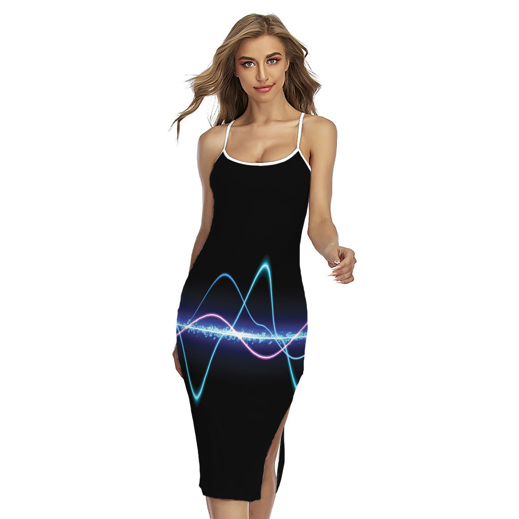 Pink And Teal Sound Wave Print Cross Back Cami Dress