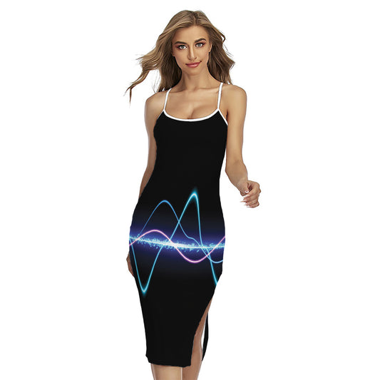 Pink And Teal Sound Wave Print Cross Back Cami Dress