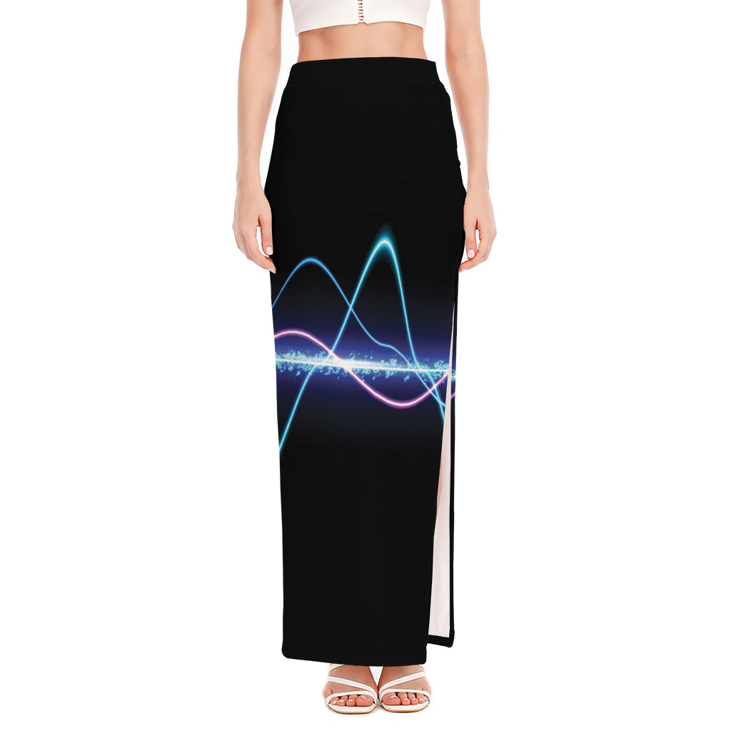 Pink And Teal Sound Wave Print High Slit Maxi Skirt