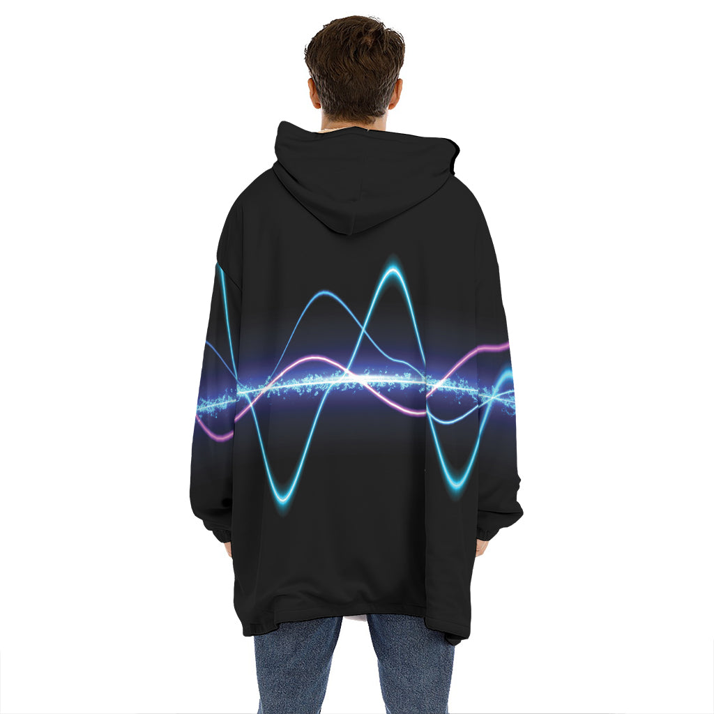 Pink And Teal Sound Wave Print Hoodie Blanket